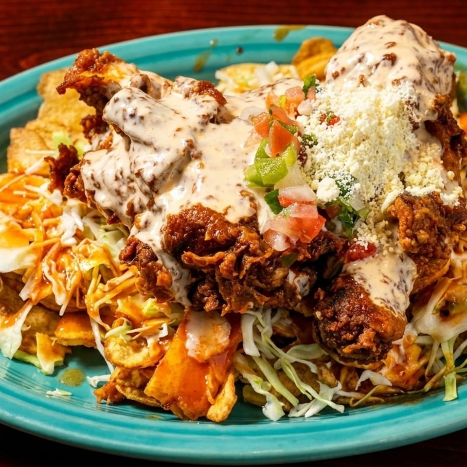 Crispy fried chicken covered in creamy sauce, pico de gallo, and cheese, served over fries and cabbage.