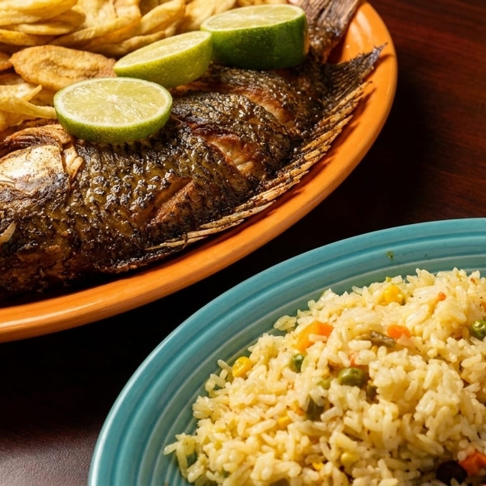 Whole fried fish with lime slices and plantain chips, alongside rice and black beans.