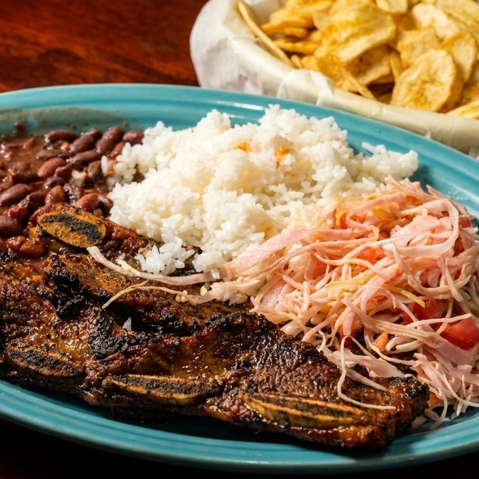 Grilled short ribs, red beans, white rice, and coleslaw on a blue plate with plantain chips.