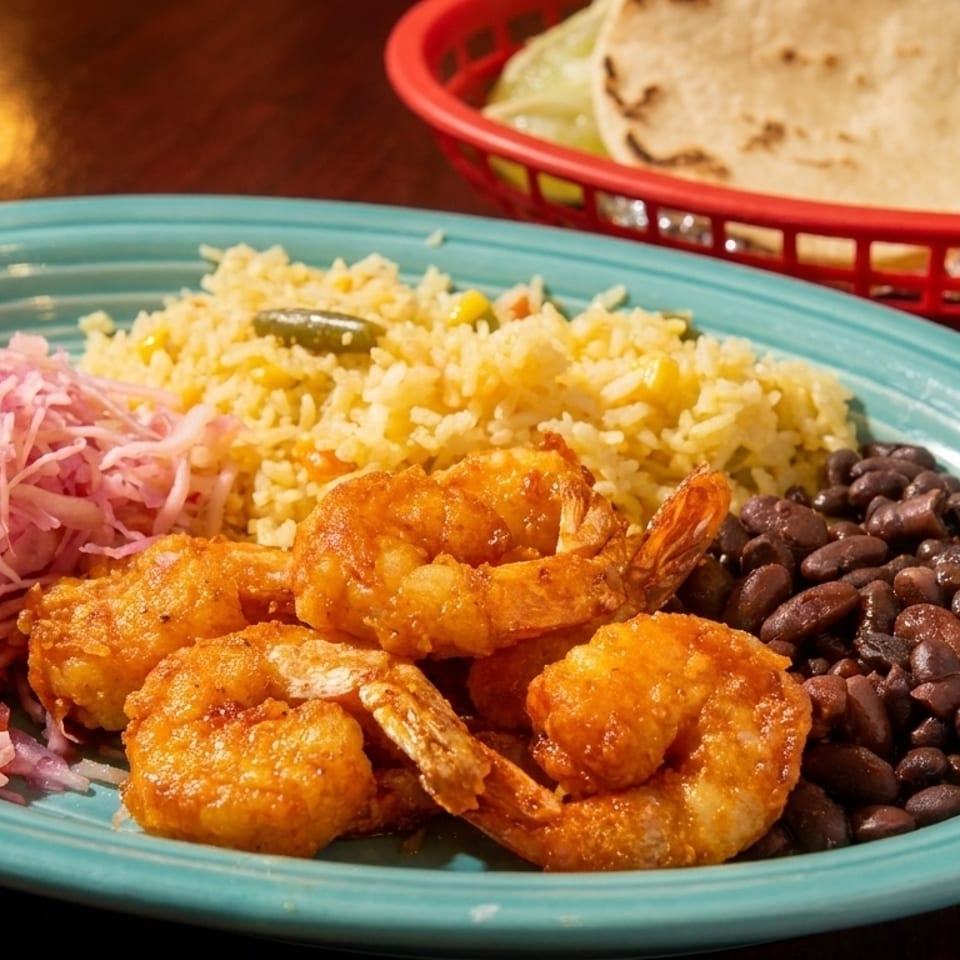 A vibrant plate of fried shrimp, yellow rice, black beans, and pink pickled onions with tortillas.