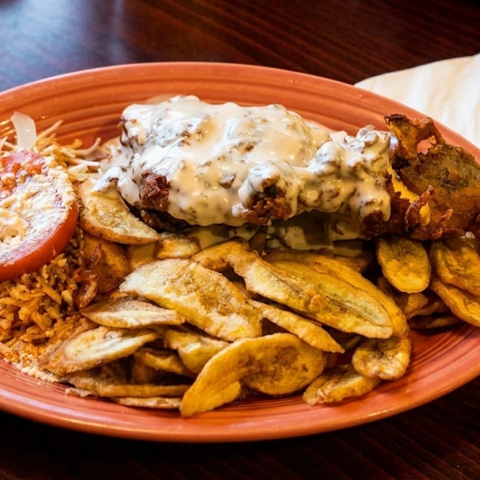 Fried chicken with creamy sauce, plantain chips, rice, and a tomato slice on an orange plate.