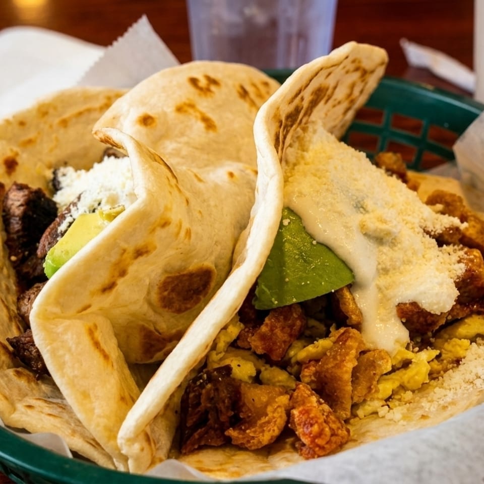 Two tacos in a green basket, one with steak and avocado, the other with chicharron and egg.