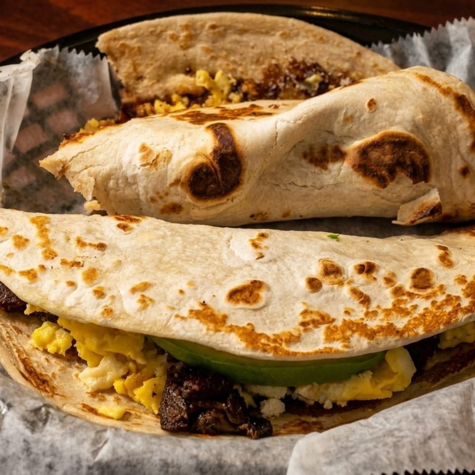 Three breakfast tacos with eggs, meat, and avocado in a basket with a fork.