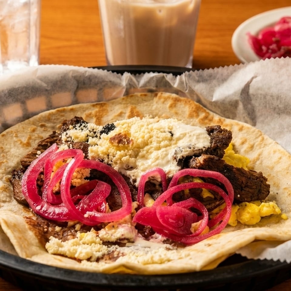 A breakfast taco with meat, scrambled eggs, cheese, and pickled red onions on a wooden table.