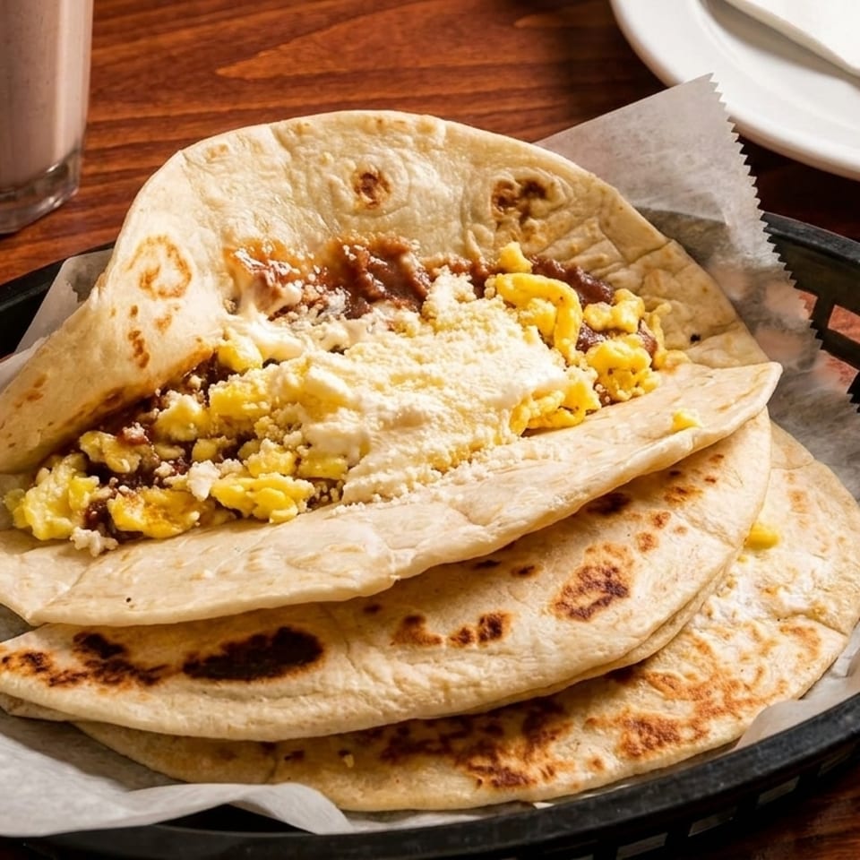 Breakfast tacos with scrambled eggs, refried beans, and cheese in a basket with a drink.