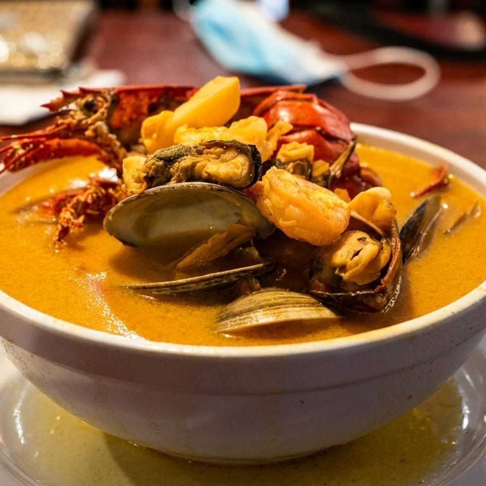 A white bowl of orange seafood soup with lobster, mussels, clams, and shrimp on a wooden table.