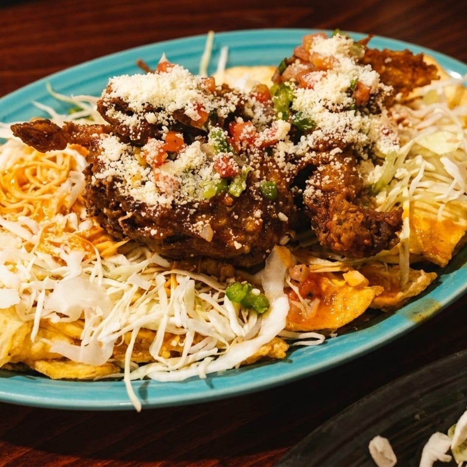 Crispy fried chicken pieces topped with pico de gallo and cheese, served over fries and shredded cabbage.